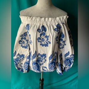 Alexis Galiena White and Blue Embroidered Off or On the shoulder top